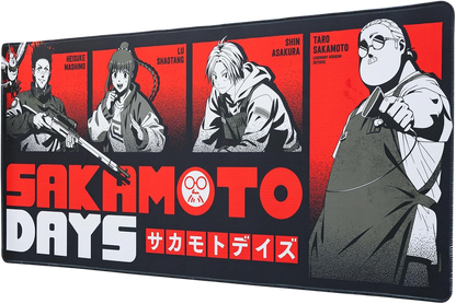 NIPPON DOKI STORE Sakamoto Days XL desk mat featuring Taro Sakamoto, Shin Asakura, Lu Shaotang, and Heisuke Mashimo.