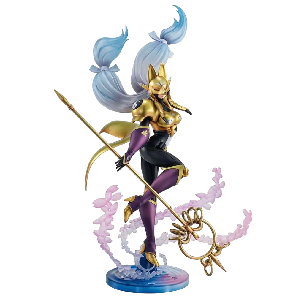 NIPPON DOKI STORE Sakuyamon GEM Tamers statuette featuring the Digimon character with gold armor and a long spear