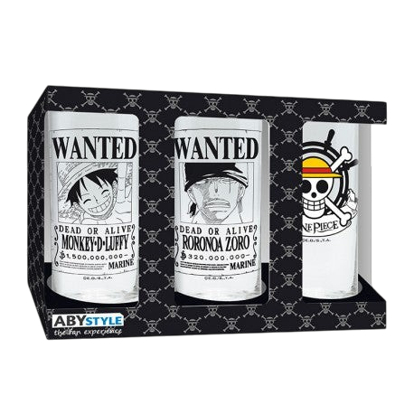 Set de 3 verres One Piece NIPPON DOKI STORE avec les avis de recherche de Luffy et Zoro et le logo de l'équipage