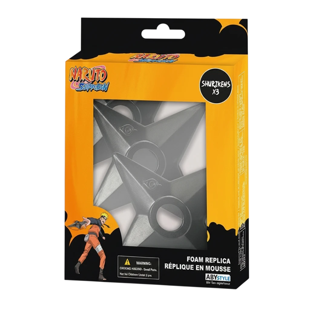 Lot de 3 shurikens en mousse Naruto sous licence officielle NIPPON DOKI STORE dans leur emballage de collection