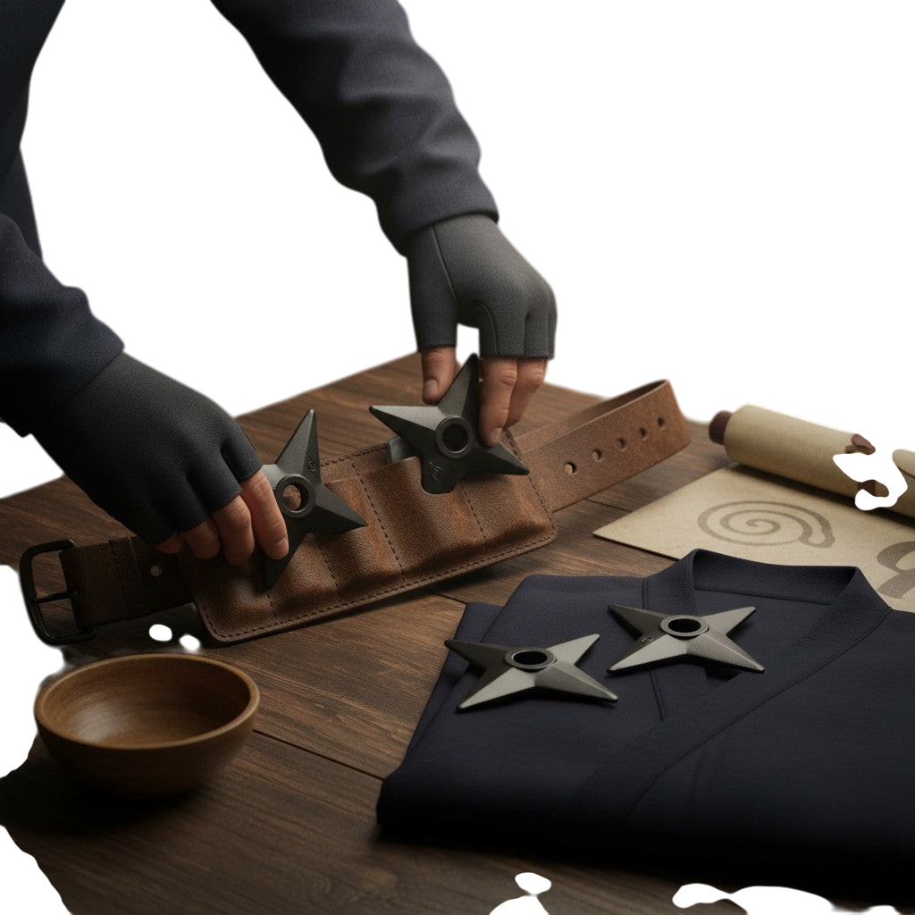 Réplique en mousse du shuriken Naruto par NIPPON DOKI STORE, accessoire de cosplay noir sur une table en bois
