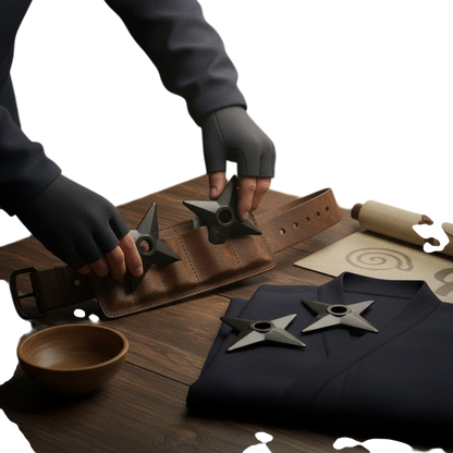 Réplique en mousse du shuriken Naruto par NIPPON DOKI STORE, accessoire de cosplay noir sur une table en bois