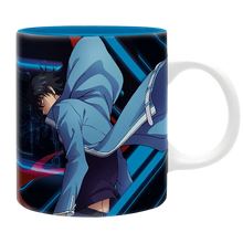 NIPPON DOKI STORE Solo Leveling ceramic mug featuring Sung Jinwoo in a blue and black action design, 320ml capacity.
