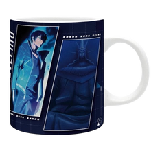NIPPON DOKI STORE Solo Leveling ceramic mug featuring Sung Jinwoo and the statue in blue tones, 320ml capacity.
