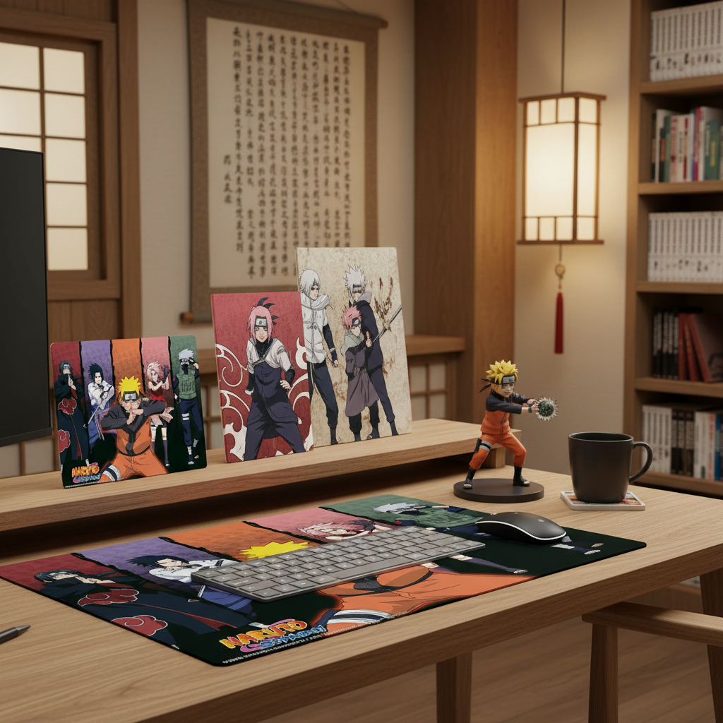 Tapis de souris souple Naruto Groupe officiel NIPPON DOKI STORE avec personnages de Konoha sur un bureau gaming