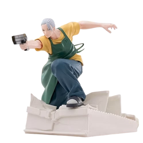 NIPPON DOKI STORE Taro Sakamoto Luminasta figurine in action pose wearing a yellow shirt and green apron with a gun