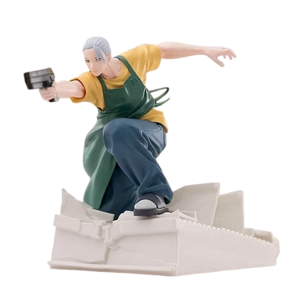 NIPPON DOKI STORE Taro Sakamoto Luminasta figurine in action pose wearing a yellow shirt and green apron with a gun