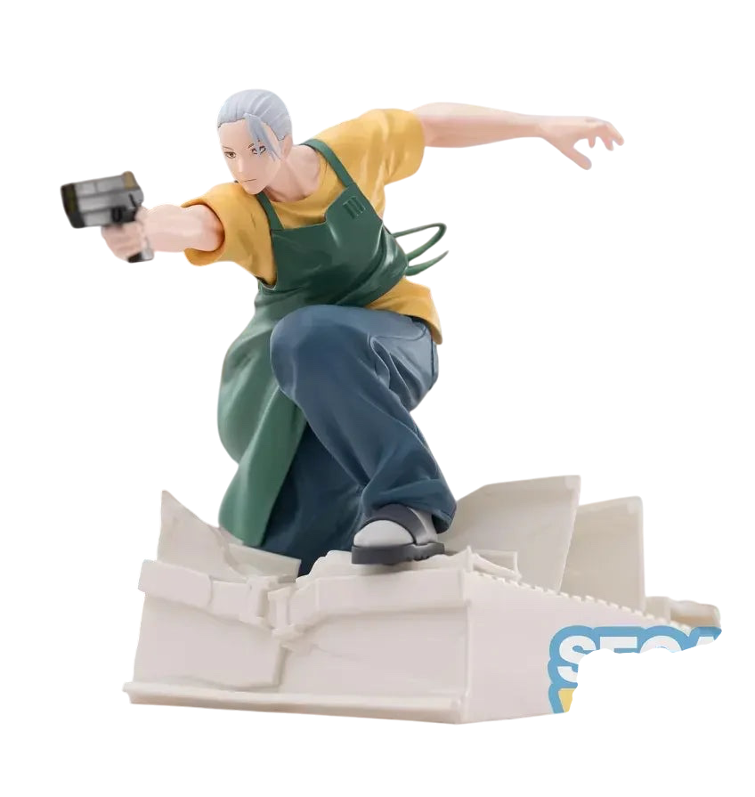 NIPPON DOKI STORE Taro Sakamoto Luminasta 21cm figurine in action pose with gun, wearing yellow shirt and green apron