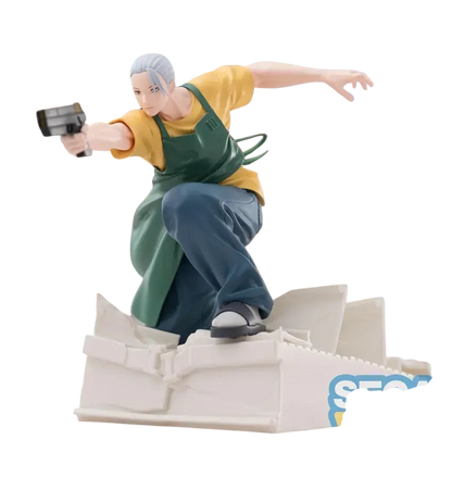 NIPPON DOKI STORE Taro Sakamoto Luminasta 21cm figurine in action pose with gun, wearing yellow shirt and green apron