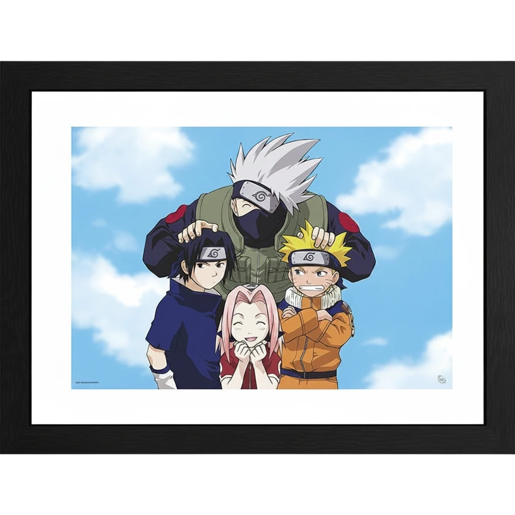 Tirage encadré NIPPON DOKI STORE représentant l'Équipe 7 de Naruto avec Naruto, Sasuke, Sakura et Kakashi sur fond ciel