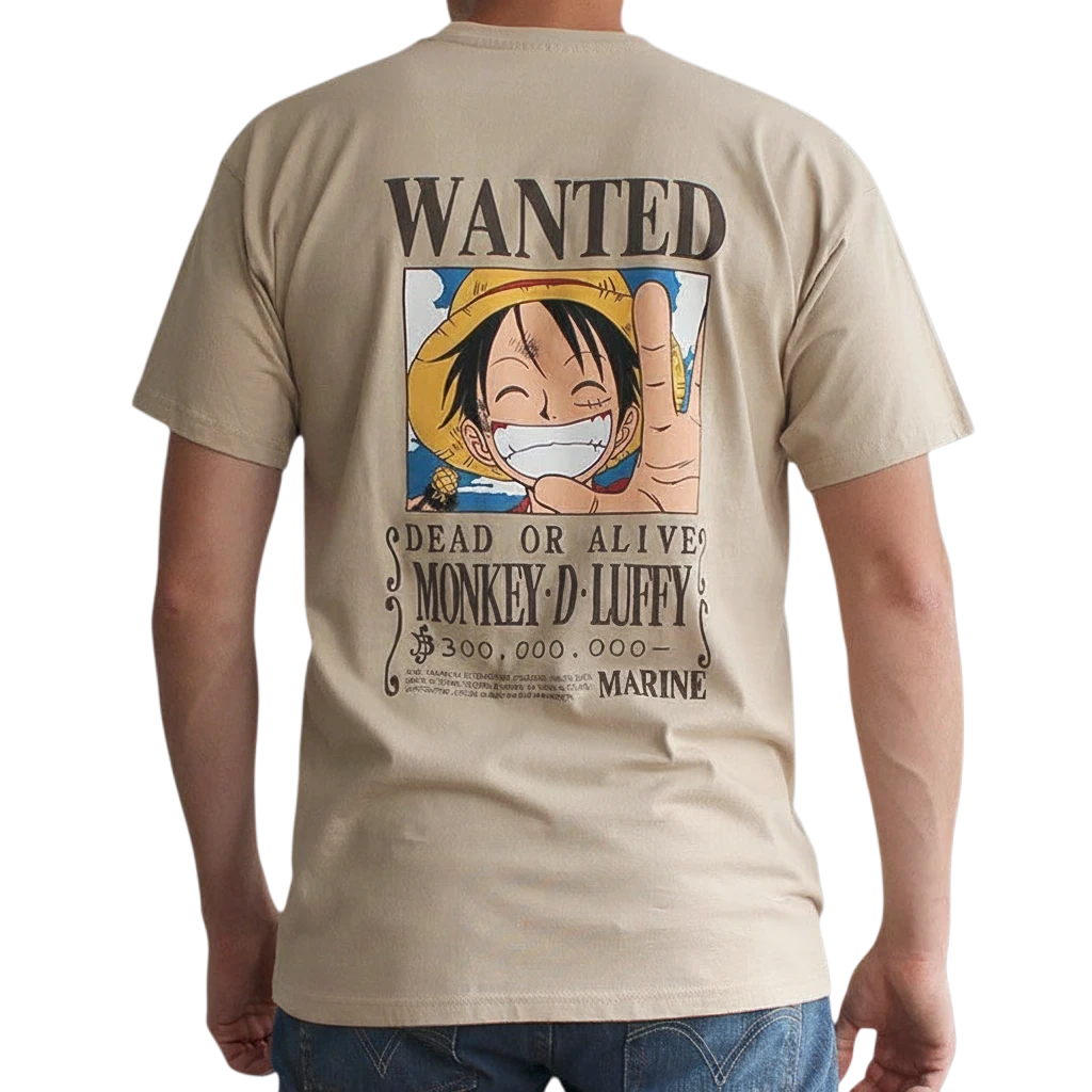 T-shirt unisexe sable NIPPON DOKI STORE avec imprimé Wanted Monkey D. Luffy de One Piece au dos