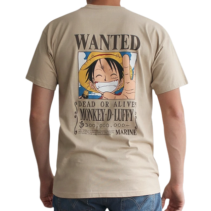 T-shirt unisexe sable NIPPON DOKI STORE avec imprimé Wanted Monkey D. Luffy de One Piece au dos