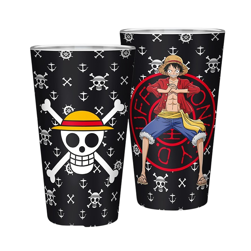 Verre XXL 400ml One Piece Luffy par NIPPON DOKI STORE avec motif tête de mort et personnage sur fond noir