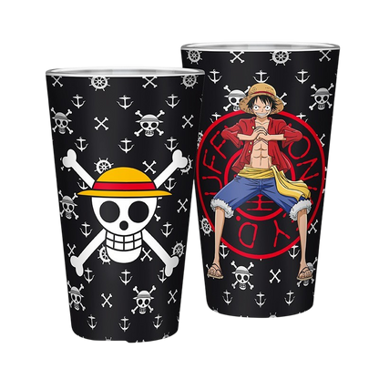 Verre XXL 400ml One Piece Luffy par NIPPON DOKI STORE avec motif tête de mort et personnage sur fond noir