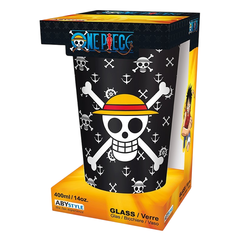 Verre XXL 400ml One Piece avec motif tête de mort Luffy, vendu dans sa boîte officielle chez NIPPON DOKI STORE