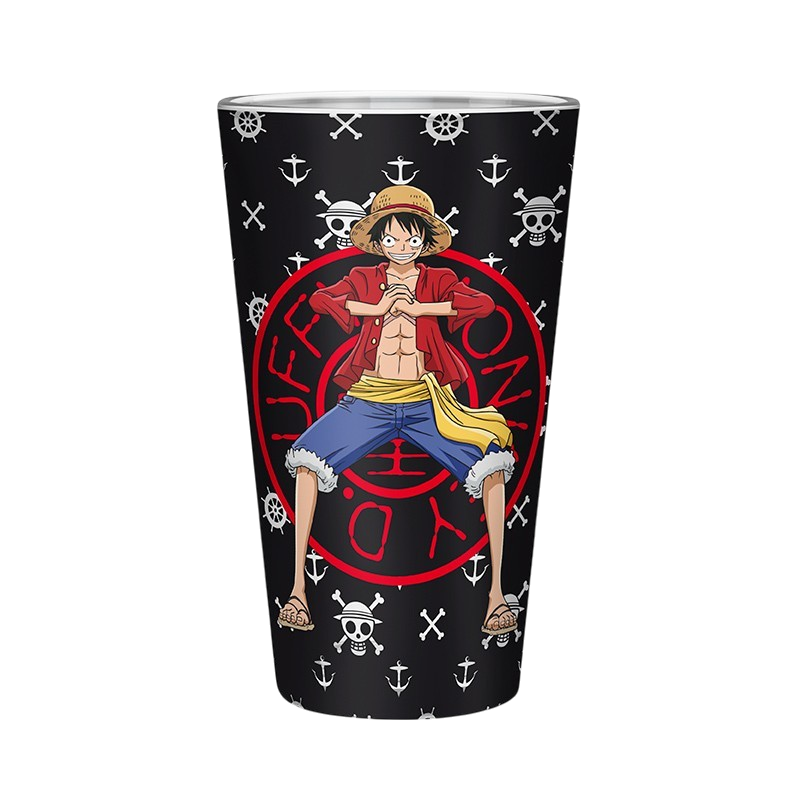 Verre XXL 400 ml NIPPON DOKI STORE avec illustration de Luffy et motifs One Piece sur fond noir