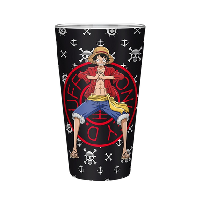 Verre XXL 400 ml NIPPON DOKI STORE avec illustration de Luffy et motifs One Piece sur fond noir