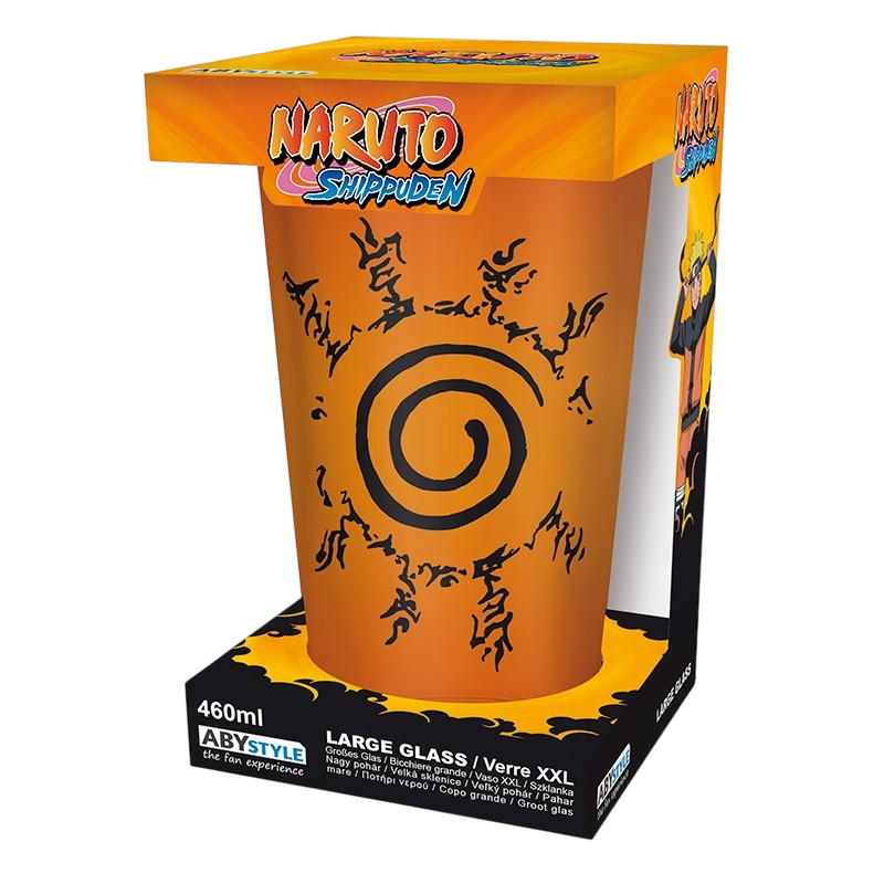 Verre XXL NIPPON DOKI STORE Naruto de 400 ml avec motif sceau de Konoha dans sa boîte de présentation officielle
