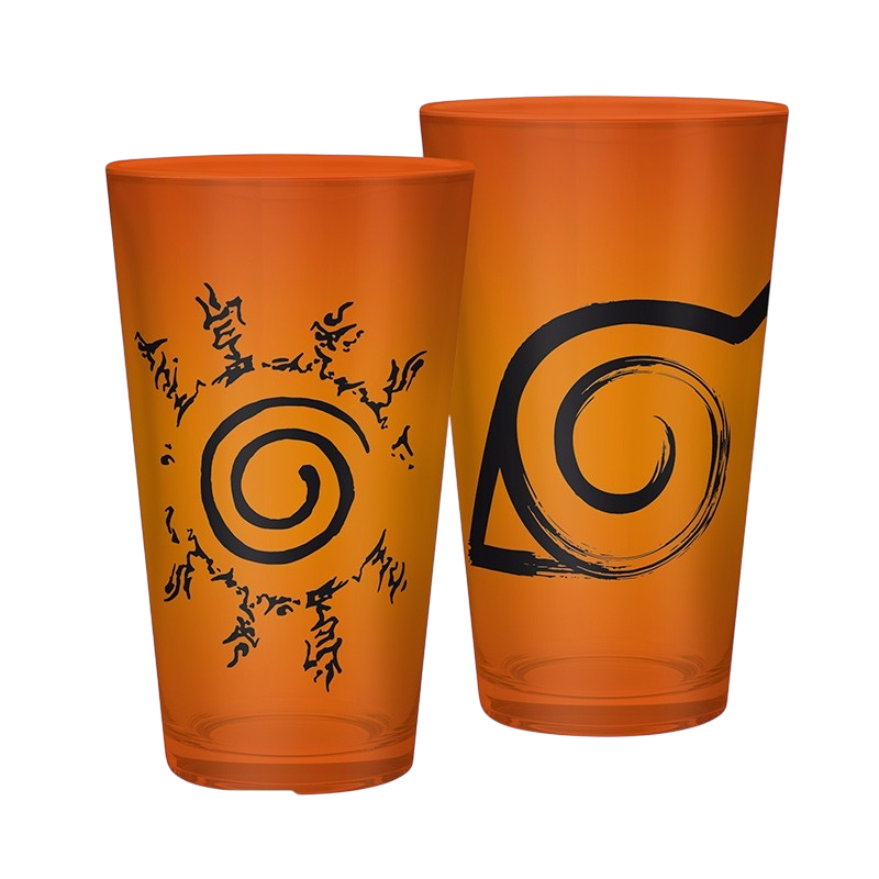 Verre XXL NIPPON DOKI STORE Naruto de 400 ml avec logos Konoha et sceau noir sur fond orange translucide