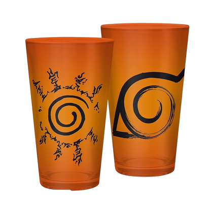 Verre XXL NIPPON DOKI STORE Naruto de 400 ml avec logos Konoha et sceau noir sur fond orange translucide