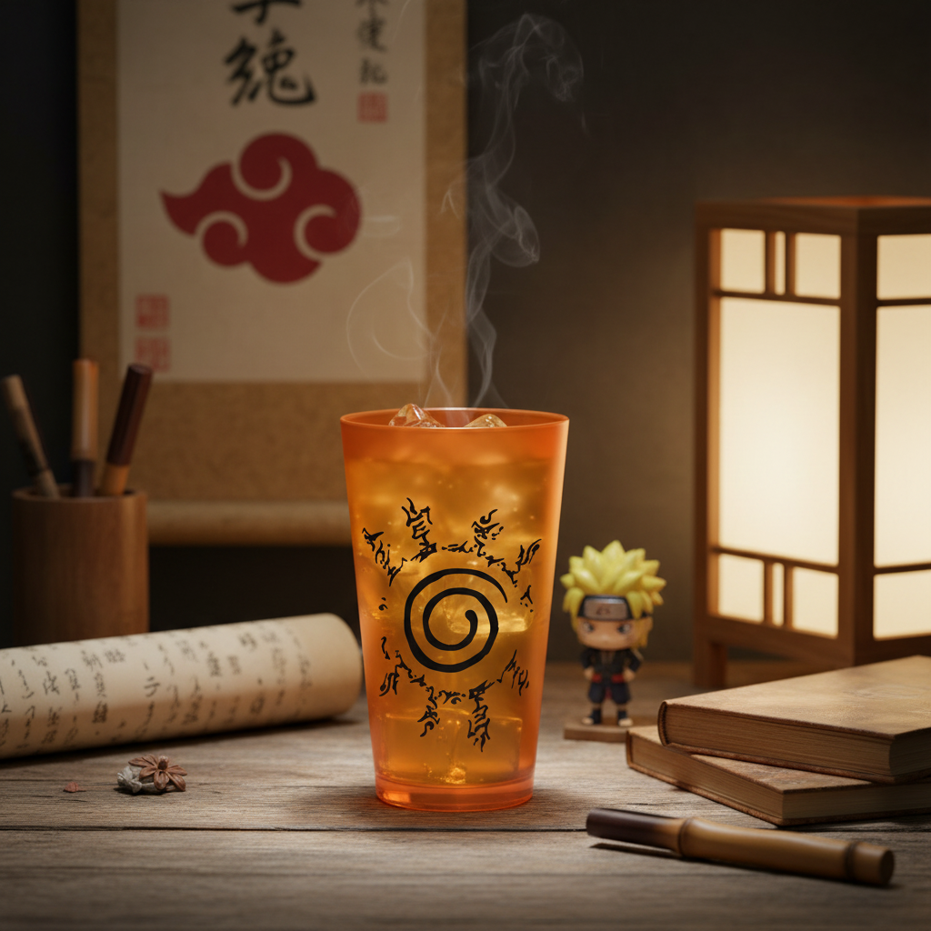 Verre XXL NIPPON DOKI STORE Naruto 400 ml orange translucide avec sceau de Konoha sur une table en bois
