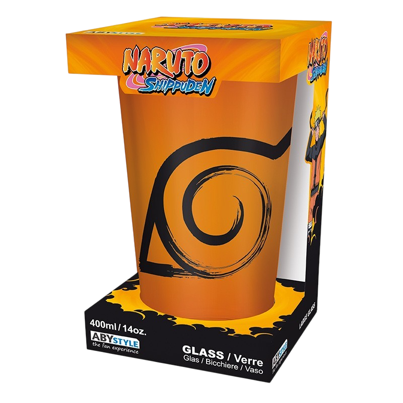 Verre XXL NIPPON DOKI STORE Naruto de 400 ml orange avec le symbole du village de Konoha et sceau dans sa boîte