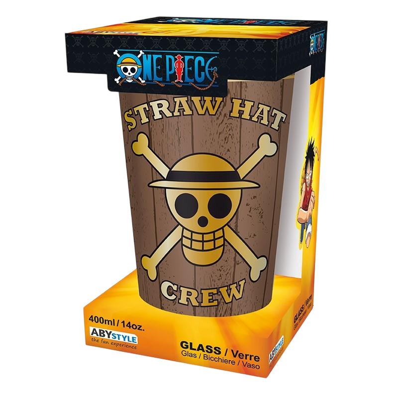 Verre XXL 400ml One Piece avec motif crâne et chapeau de paille, produit officiel NIPPON DOKI STORE dans sa boîte.