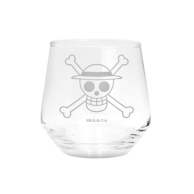 Verre NIPPON DOKI STORE One Piece avec logo tête de mort Luffy gravé en blanc sur verre transparent