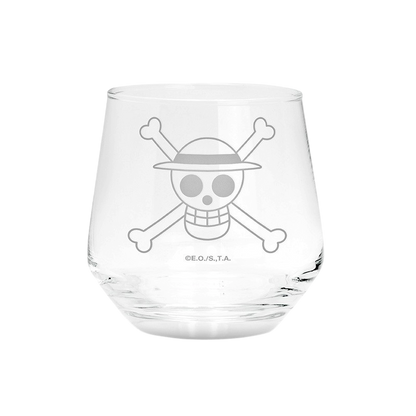 Verre NIPPON DOKI STORE One Piece avec logo tête de mort Luffy gravé en blanc sur verre transparent