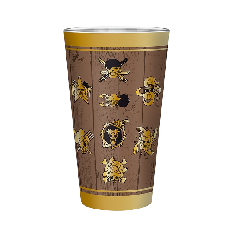 Verre XXL 400 ml NIPPON DOKI STORE One Piece avec motifs de crânes dorés sur fond effet bois