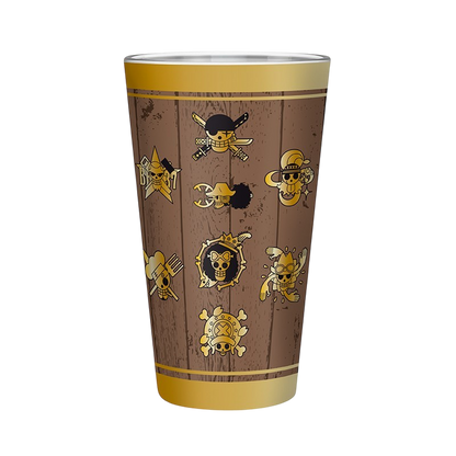 Verre XXL 400 ml NIPPON DOKI STORE One Piece avec motifs de crânes dorés sur fond effet bois