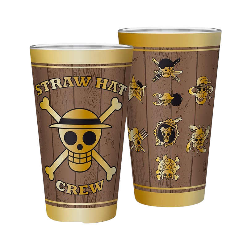 Verre XXL 400 ml NIPPON DOKI STORE One Piece avec motifs de crânes de l'équipage du Chapeau de Paille sur fond bois