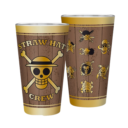 Verre XXL 400 ml NIPPON DOKI STORE One Piece avec motifs de crânes de l'équipage du Chapeau de Paille sur fond bois
