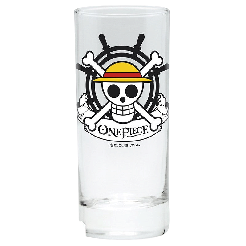Verre transparent NIPPON DOKI STORE avec logo One Piece et tête de mort au chapeau de paille de Luffy
