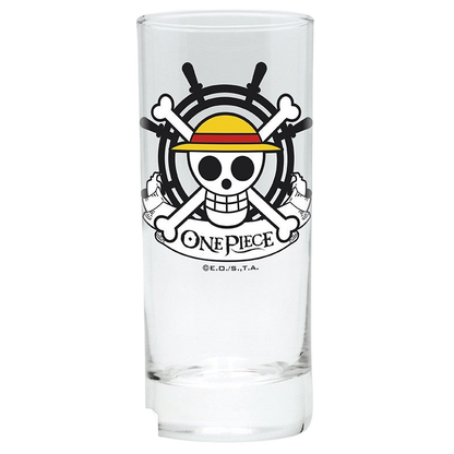 Verre transparent NIPPON DOKI STORE avec logo One Piece et tête de mort au chapeau de paille de Luffy