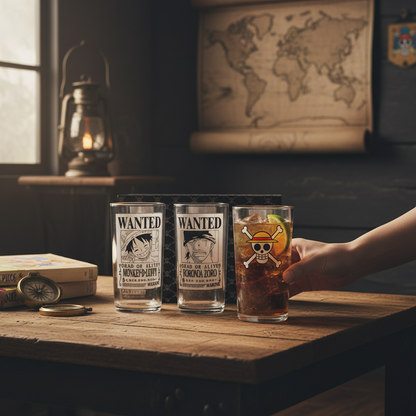 Set de 3 verres NIPPON DOKI STORE One Piece avec motifs Wanted de Luffy, Zoro et le logo Chapeau de Paille