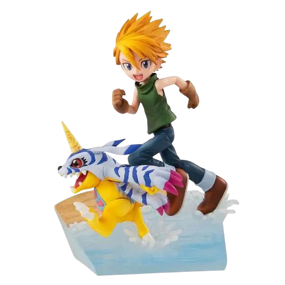 NIPPON DOKI STORE Yamato Ishida and Gabumon GEM statuette from Digimon Adventure running on a water base