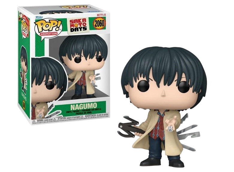 NIPPON DOKI STORE Funko POP Animation Yoichi Nagumo figure from Sakamoto Days with signature trench coat and dice.